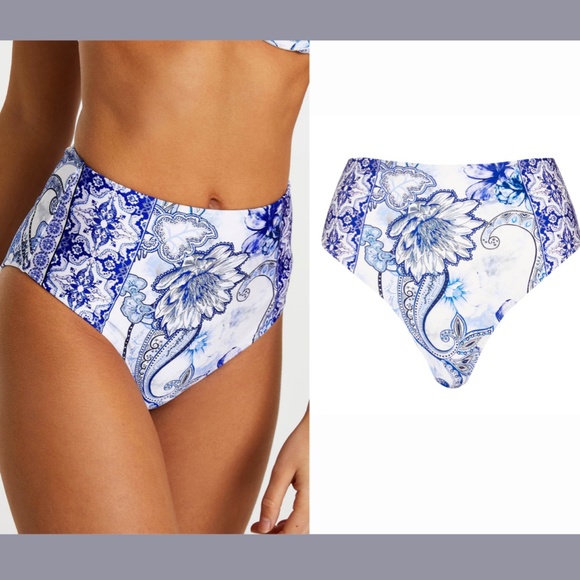 NEW RIVER ISLAND [ 10 US ] Floral High Waist Bikini‎ Bottoms In Blue - Picture 2 of 12